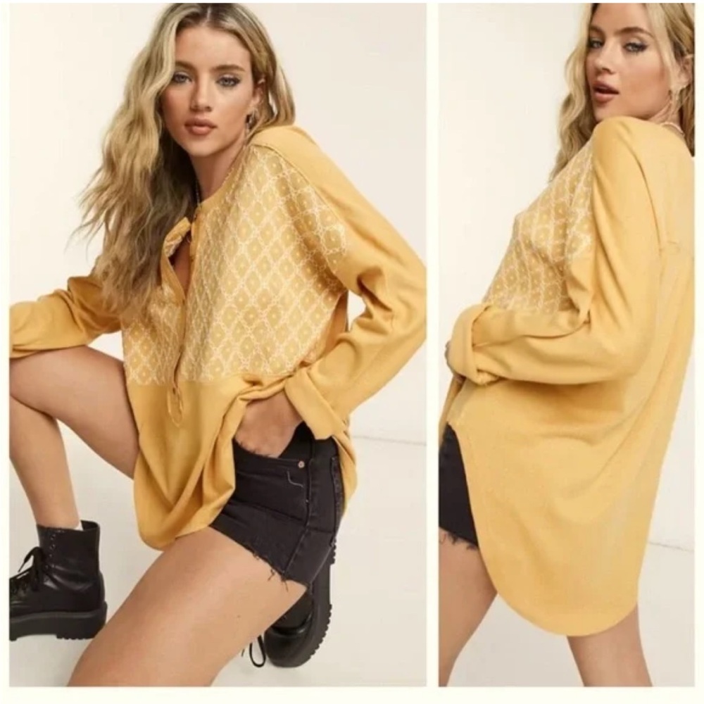 Free People Free Spirit Henley Oversized Top Sz Medium Honey Combo